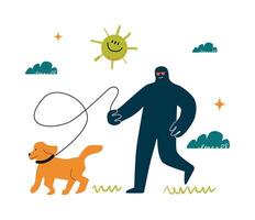 A rounded character walks his dog on a leash. It is surrounded by clouds and a smiling sun. It's a metaphor for enjoyable daily activities. vector
