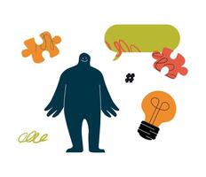 Silly rounded character stands surrounded by puzzle pieces, speech bubble, light bulbs and doodle. A symbol of confusion in front of work tasks. vector