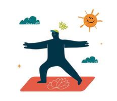 A rounded character does yoga on a mat. It is surrounded by clouds, smiling sun and doodles. A symbol of a pleasant, healthy daily routine. vector