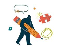 Rounded character drawing doodles with a huge pencil. There is a speech bubble, a puzzle piece, and other graphic elements around it. A metaphor for creativity. vector