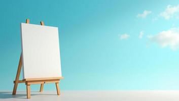 Easel on floor surface with blank canvas on blue sky background. photo
