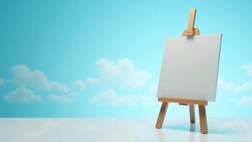 Easel on floor with blank canvas on blue sky background. photo
