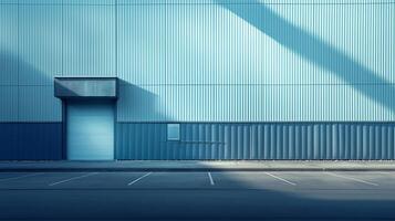 A blue building with a door and a parking lot photo