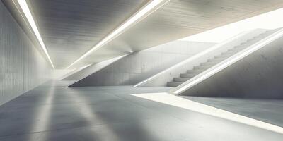 A long hallway with stairs and light coming from the ceiling photo