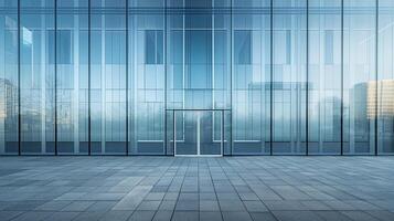A large glass building with a door in front of it photo