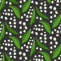 Seamless pattern featuring lily of the valley flowers with green leaves on a dark background. A delicate and elegant floral design perfect for textiles, wallpapers, and spring-themed projects. vector