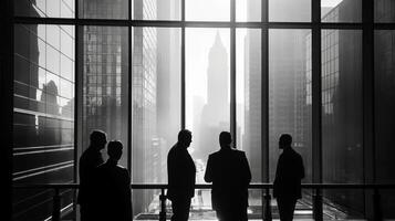 Silhouettes of business people standing in front of large windows photo