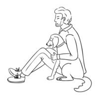 A man sitting on the ground and affectionately hugging his dog. A heartwarming illustration representing friendship, companionship, and the bond between humans and pets. vector
