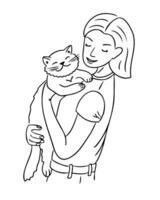 Black and white line drawing of a happy woman holding a content cat in her arms, expressing warmth, love, and the bond between humans and pets in a minimalistic style. line art illustration vector
