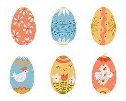 Set of six decorative Easter eggs with floral, bird, and abstract patterns in soft pastel colors. hand drawn illustrations in folk style isolated on white background vector