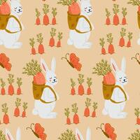 Seamless pattern featuring cute white rabbits carrying baskets of carrots, surrounded by butterflies and growing vegetables. A playful design perfect for Easter, spring, and childrens themes. vector