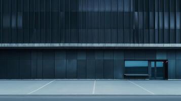 A black building with a parking lot in front of it photo