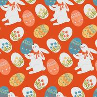 Seamless Easter pattern with white bunnies with red bows, decorated eggs, and tulips on a vibrant orange background. hand drawn flat illustration vector