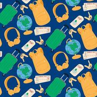 Seamless travel pattern with suitcases, backpacks, globes, boarding passes, maps, keys, and headphones on a dark blue background, creating a vibrant and adventurous design for travel lovers vector