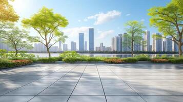 An empty cityscape with trees and grass photo