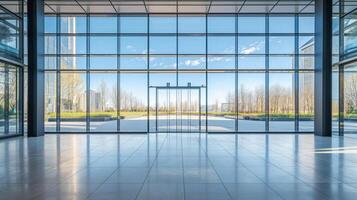 An empty office building with large windows and a large door photo