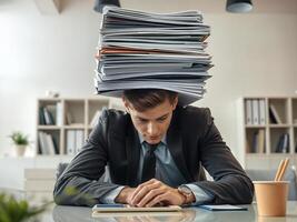 A man in a suit sitting at a desk with a stack of papers on his head photo