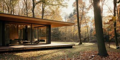 A modern house in the woods with trees photo
