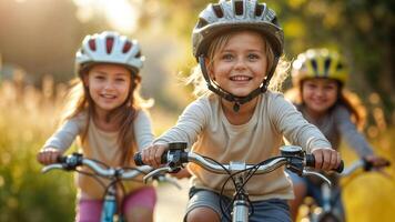 Three children riding bicycles on a path photo