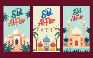 Eid al-fitr greeting cards with mosque and palm trees vector