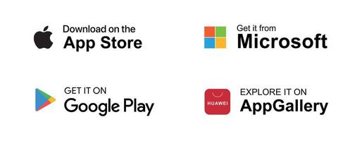 Google Play, App Store, Microsoft store and Huawei AppGallery logo vector