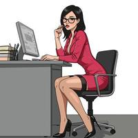 A woman in a business suit sitting at a desk with a computer vector