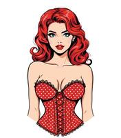 Pinup girl in red corset with polka dots vector