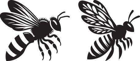 Black and White Bee Illustration Set, Flying and Sitting Bees Isolated on White Background vector