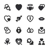 A set of black and white icons that include hearts, a rose, a key, a lock vector