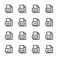 A set of file icons including PDF, Cvs, Pds, Mv, Exe, Doc, Jpg, Epb, Rar, Aif vector