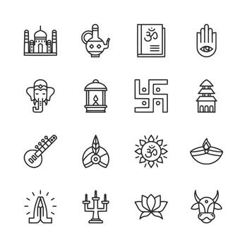 A set of icons that include a cow, a book, a cross, a house, a building, a hand vector