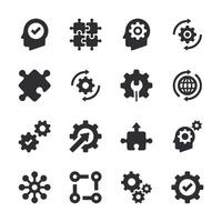 A set of black and white icons that include gears, a check mark, and a globe vector