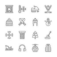 A set of winter icons including a snowman, a snowplow, a snowboard, a snowmobile vector