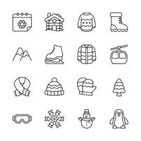 A set of winter-themed icons, including a penguin, snowman, and snowboard vector