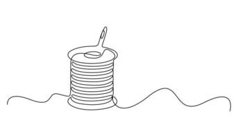 Continuous single line drawing needle spool of thread button design for sewing and cutting. Graphic illustration vector