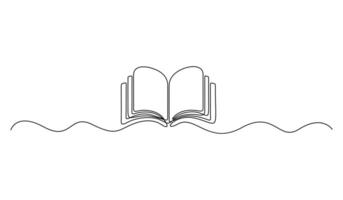 Open book drawn in one continuous line drawing. Graphic illustration vector
