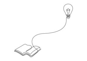 Light bulb with book continuous one line art drawing. Line drawing open book with lamp idea symbol. School education concept. Graphic illustration vector