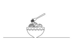 Ramen noodles on bowl continuous one line drawing. Graphic illustration vector