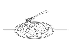 Continuous single line drawing of noodles with a plate. Graphic illustration vector