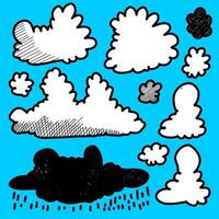Clouds Doodle Set on blue background. vector