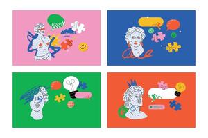 A collection of colorful design layouts with classic busts, speech bubbles, a light bulb and puzzle pieces. Provocative composition for use in social media, websites, presentation. vector