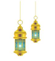 Illustration of golden lantern with bluish light with hanging rope on top vector