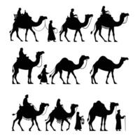 silhouette of caravan riding camels in the desert vector