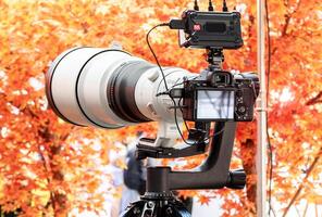 Back view digital camera with telephoto lens on tripod and orange leaves blur background photo