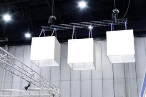 Hanging three mock up white cube lightbox billboard. Clipping path for mock up photo