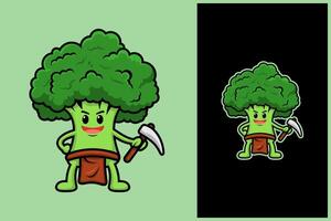 Cute Broccoli Character with a Pickaxe Illustration vector
