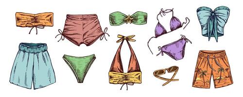 Hand drawn colored sketch of summer beachwear set with bikinis and shorts vector