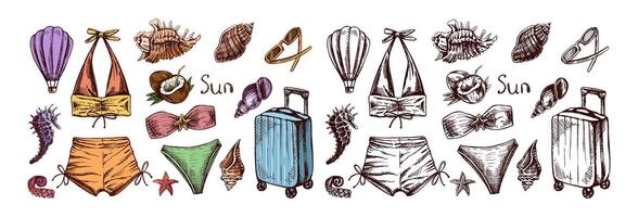 Hand drawn colored and monochrome sketch of summer beachwear and travel elements set vector