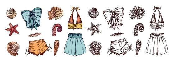 Hand drawn colored and monochrome sketch of summer beachwear set with marine elements vector