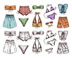 Hand drawn colored and monochrome sketch of summer beachwear set with bikinis and shorts vector